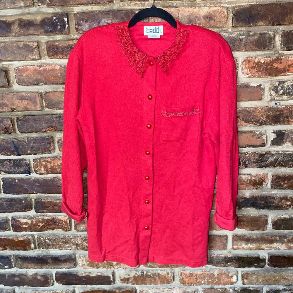Teddi Vintage Red Button Down Lace Collar Cardigan Sweater Women's Size Small